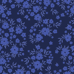 Simple vintage pattern. blue  flowers and leaves. dark blue  background. Fashionable print for textiles and wallpaper.