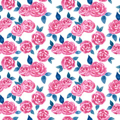 Naklejka premium Painted watercolor flowers summer seamless pattern. Aquarelle pink roses and blue leaves on white background as web design element for print wrapping paper, fabric, cards