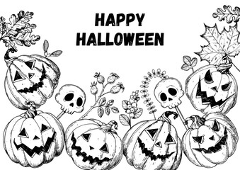 Obraz premium Halloween Pumpkin sketch frame illustration. Hand drawn vector illustration. Jack o Lantern. Vintage design for the holiday Halloween. Design elements