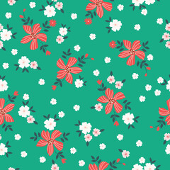 Simple vintage pattern. red and  small white flowers, dark green  leaves. bright green background. Fashionable print for textiles and wallpaper.