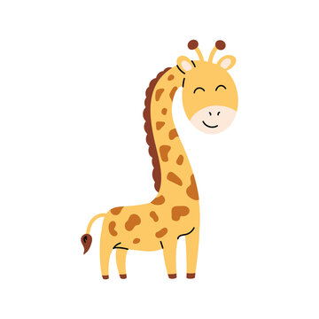 Cartoon baby african giraffe stand. Cute funny giraffe. Isolated objects on white background. Scandinavian style flat design. Concept children print. Woodland animal.