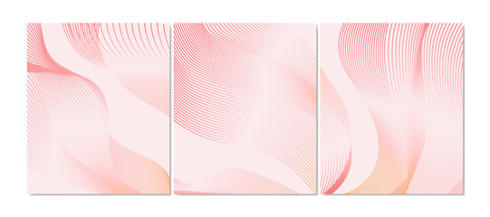 A set of three abstract paintings in pink pastel colors. Wavy lines, swirls, imitation and gradient, sunset, ocean, waves, marble. Bright colors, dark and light blue stripes. Interior design, brochure