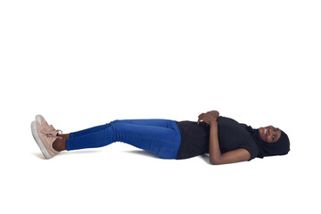 Obraz premium woman lying on the floor looking at camera over white background