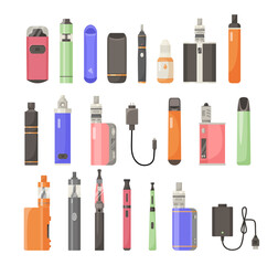 Different types of e-cigarettes vector illustrations set. Accessories for electric or electronic cigarettes, chargers and liquid for vapes isolated on white background. Smoking, technology concept