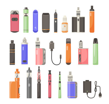 Different types of e-cigarettes vector illustrations set. Accessories for electric or electronic cigarettes, chargers and liquid for vapes isolated on white background. Smoking, technology concept