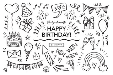 Happy Birthday doodle set. Sketch party decoration, gift box, cake, party. Hand drawn elements - obrazy, fototapety, plakaty