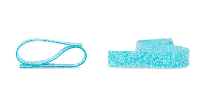 Long sour blue marmalade isolated on white. gummy strip