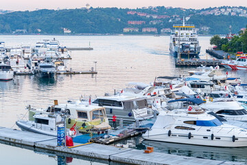 Istinye district Istanbul city Turkey. 08162022. Istinye boat park, panoramic view of emirgan forest as the sun sets in the evening. HDR photo.