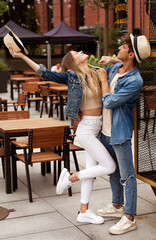 Photo of attractive couple wear denim clothes having fun outdoor