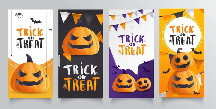 Collection Happy halloween banner with illustration of realistic pumpkins with faces.