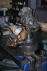Engine Gear Assembly On Workshop Bench Vice