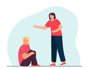 Girl supporting sad friend sitting on floor. Woman trying to help her depressed friend flat vector illustration. Love, friendship, mental health concept for banner, website design or landing web page