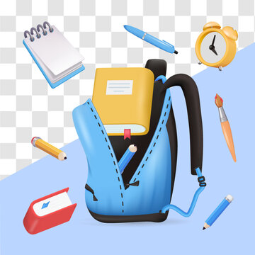 education, school backpack with pencils, books, notepads. learning, 3d icons for learning.