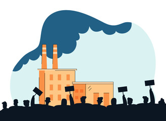 People protesting against factories flat vector illustration. Eco activists trying to stop air pollution. Ecology, protection, demonstration concept for banner, website design or landing web page
