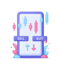 3D Cryptocurrency trading online on mobile phone screen. Market analytics and trading concept. Trading strategy. Global stock exchanges index. Cryptocurrency transaction.