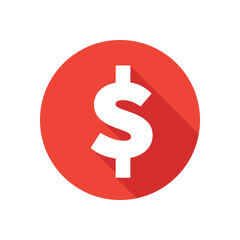 Dollar symbol icon in round button with long shadow.