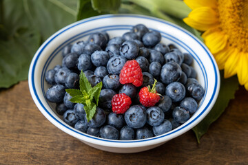 Bowl of Blueberries, Mint, and Raspberries with Sunflower Background