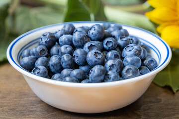 Bowl of Blueberries with Sunflower Background