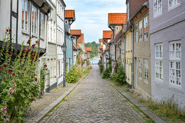 Old town of Flensburg, narrow cobblestone alley with historic residential house facades and planted flowers on the sidewalk, Germany, tourist destination, selected focus