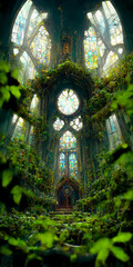 Fototapeta premium Inside An Abandoned Overgrown Gothic Cathedral