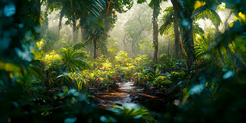 Lush Green Foliage in Tropical Jungle - obrazy, fototapety, plakaty