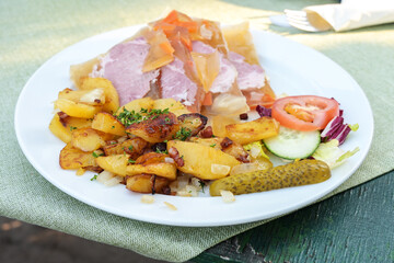 Fried potatoes or german fries with sauerfleisch (soured and pickled meat in jelly), traditional dish in Germany and Austria served on a white plate, selected focus