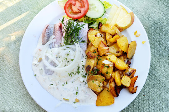 Matjes fillet or soused herring with cream sauce and onions, served with fried potatoes and salad on a white plate, copy space, view from above, selected focus, narrow depth of field