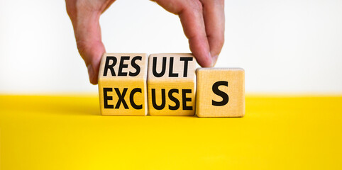 Result or excuse symbol. Concept words Results or excuses on wooden blocks. Businessman hand change...