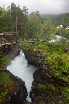 Water of the Valldola river forces itself through the Gudbrandsjuvet ravine, Valldal, Norway