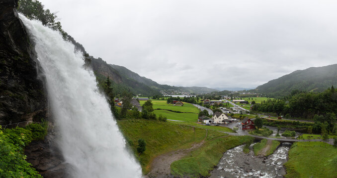 Water from the Fosselva river drops down the 50 m high powerful Steindalsfossen, Norway