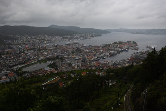 Panoramic view from Fløyen Mountain on Bergen city center, Norway