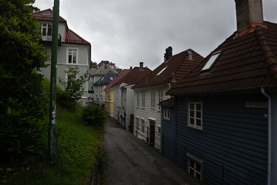 Idyllic small street (Knosesmauet) with colorful traditional wooden houses, Bergen, Norway