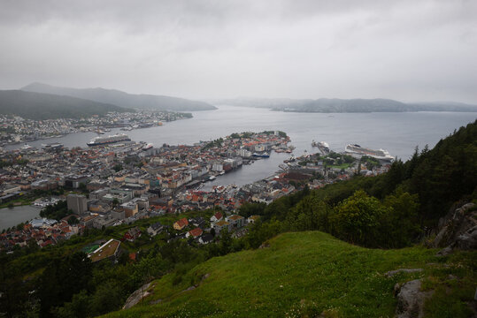 Panoramic view from Fløyen Mountain on Bergen city center, Norway
