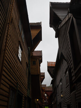 Idyllic small street (Knosesmauet) with colorful traditional wooden houses, Bergen, Norway