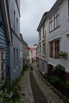 Idyllic small street (Knosesmauet) with colorful traditional wooden houses, Bergen, Norway