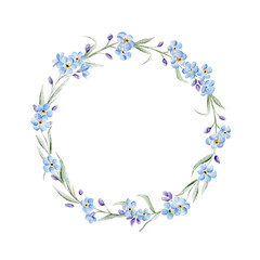 Watercolor blue forget me not spring flowers in bouquet for wedding. Decorative element for greeting card. Illustration