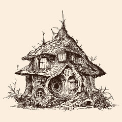 Fairy-tale forest wooden house of gnomes and goblin with a thatched roof. Freehand pencil sketch isolated on beige background.