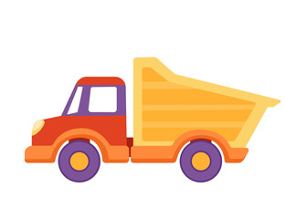 Children's toy color plastic dump truck isolated on a white background