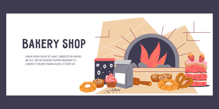 Bakery shop banner or leaflet mockup, flat vector illustration. Banner or flyer template with bakery supplies and fresh bread.