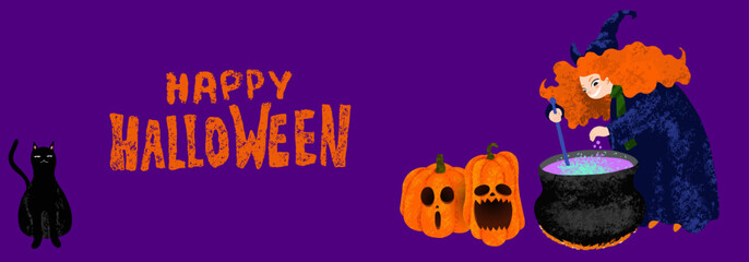 Happy Halloween banner template with witch cooking the potion in the cauldron. Hand drawn vector illustration with pumpkins and black cat on purple background. Chalk Lettering with grunge effect
