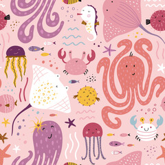 Hand-drawn childish seamless pattern with underwater world.