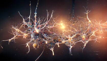 A 3D illustration of a neuron connecting to each other and had a gold light - obrazy, fototapety, plakaty