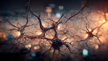 A 3D illustration of a neuron connecting to each other and had a gold light