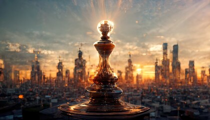 Fototapeta na wymiar A 3D illustration of a golden chess trophy standing in front of the orange city