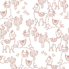 Fototapeta na wymiar Funny alpacas animals, Seamless pattern. Outline Lamas, cacti, birds. Vector.