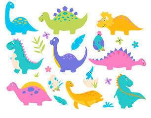 Cute cartoon dinosaur collection. Dino characters flat style vector illustration. T-rex, stegosaurus, spinosaurus, triceraptor, brontosaurus, plesiosaurus, brachiousaurus ancient comic reptiles.