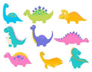 Cute cartoon dinosaur collection. Dino characters flat style vector illustration. T-rex, stegosaurus, spinosaurus, triceraptor, brontosaurus, plesiosaurus, brachiousaurus isolated on white background.