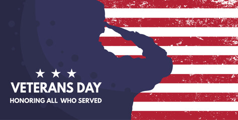 veterans day, banner, saluting soldier on the background of the flag. Honoring all who served
