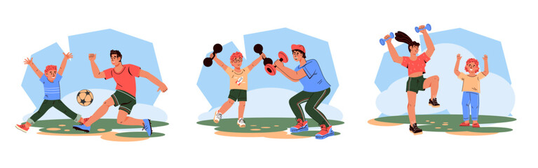 Sportive active family set of cartoon people characters, parents and children performing sports together, flat vector illustration isolated on white background.