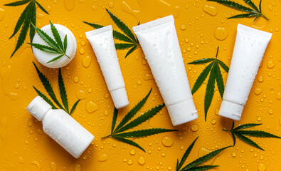 Cosmetics with cannabis extract on a wet background. Selective focus.